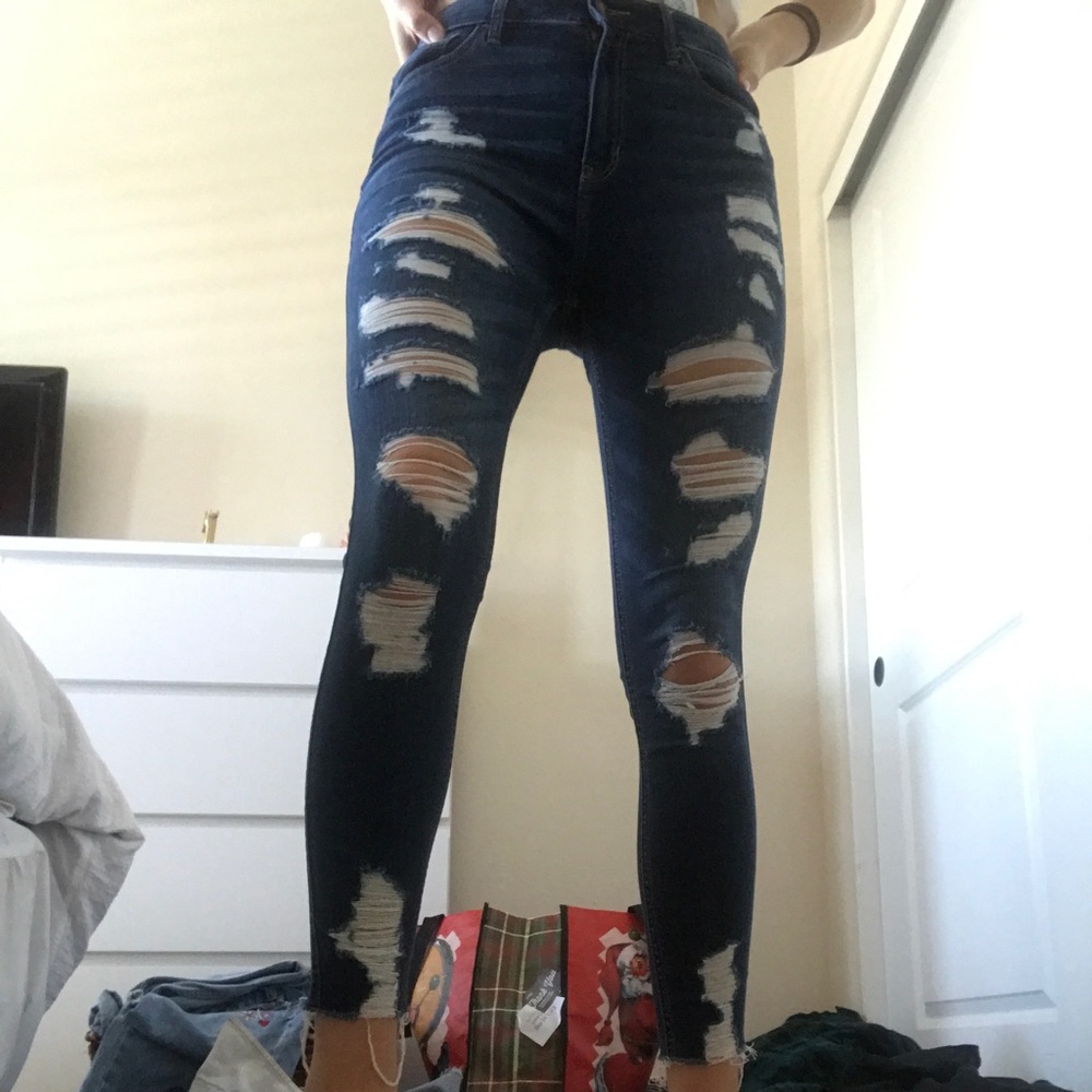 super distressed dark wash jeans